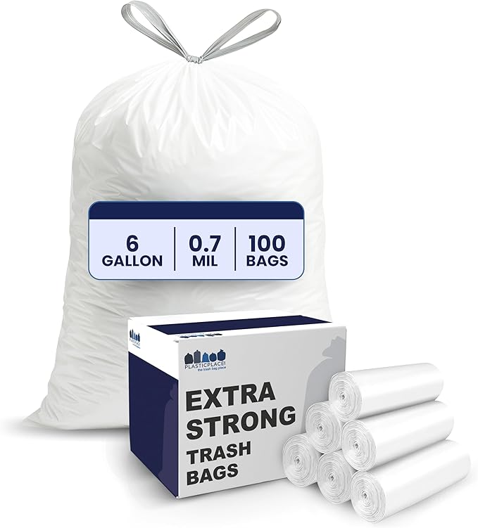Plasticplace 6 Gallon Trash Bags White Drawstring Garbage Can Liners, 17” x 20”