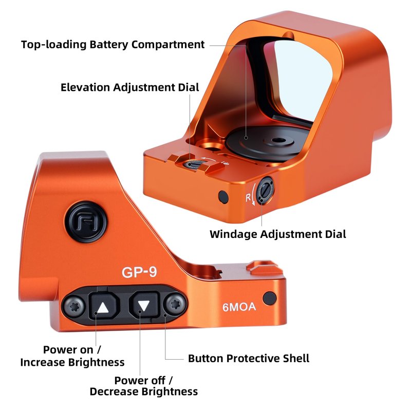 6 MOA Large Window Red/Green Dot Sights - GOWUTAR GP-9 RMR Footprint Red Dot Optic - Motion Awake - 7075 Aluminum IPX7 Waterproof Open Reflex Sights (Red Dot, Orange)