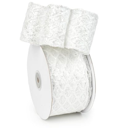 LIZLOVESS White Christmas Ribbon 2.5" Glitter Mesh Wired Ribbon for Christmas Tree White Diamond Honeycomb Ribbon for Gift Wrapping, Crafts, Wreath Supplies, Garland, Tree Topper Bows - 10 Yards