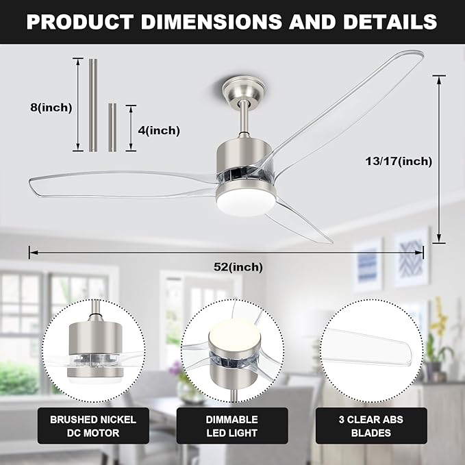 OKELI Clear Ceiling Fan with Light, 52 Inch Brushed Nickel Transparent Ceiling Fans with Light and Remote 3 Reversible Blade LED Ceiling Fan and Light Combo for Living Room, Bedroom, Patio