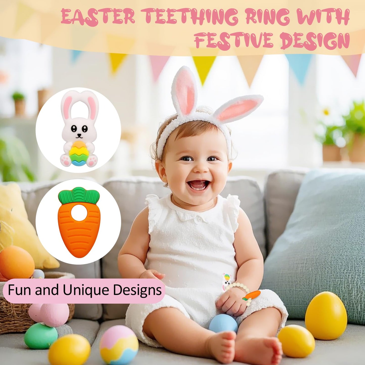 Easter Baby Teething Ring Toys – Bunny Easter Egg & Carrot Teethers for Newborns, Infants & Toddlers – Sensory Chew Bracelet for Teething Relief – Perfect Baby’s First Easter Basket Stuffers