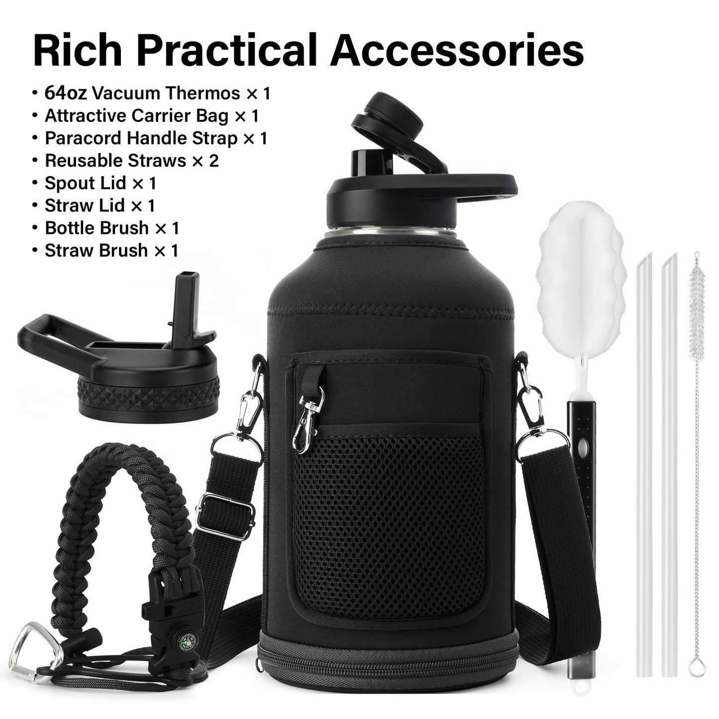 DYSANKY Insulated Water Bottle | Thickened Stainless Steel Vacuum Metal | Portable Sports Half Gallon Large Water Jug for Gym and Hiking with Straw, Carrier Bag, Handle Strap | BPA-Free 64 oz