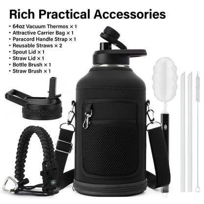DYSANKY Insulated Water Bottle | Thickened Stainless Steel Vacuum Metal | Portable Sports Half Gallon Large Water Jug for Gym and Hiking with Straw, Carrier Bag, Handle Strap | BPA-Free 64 oz