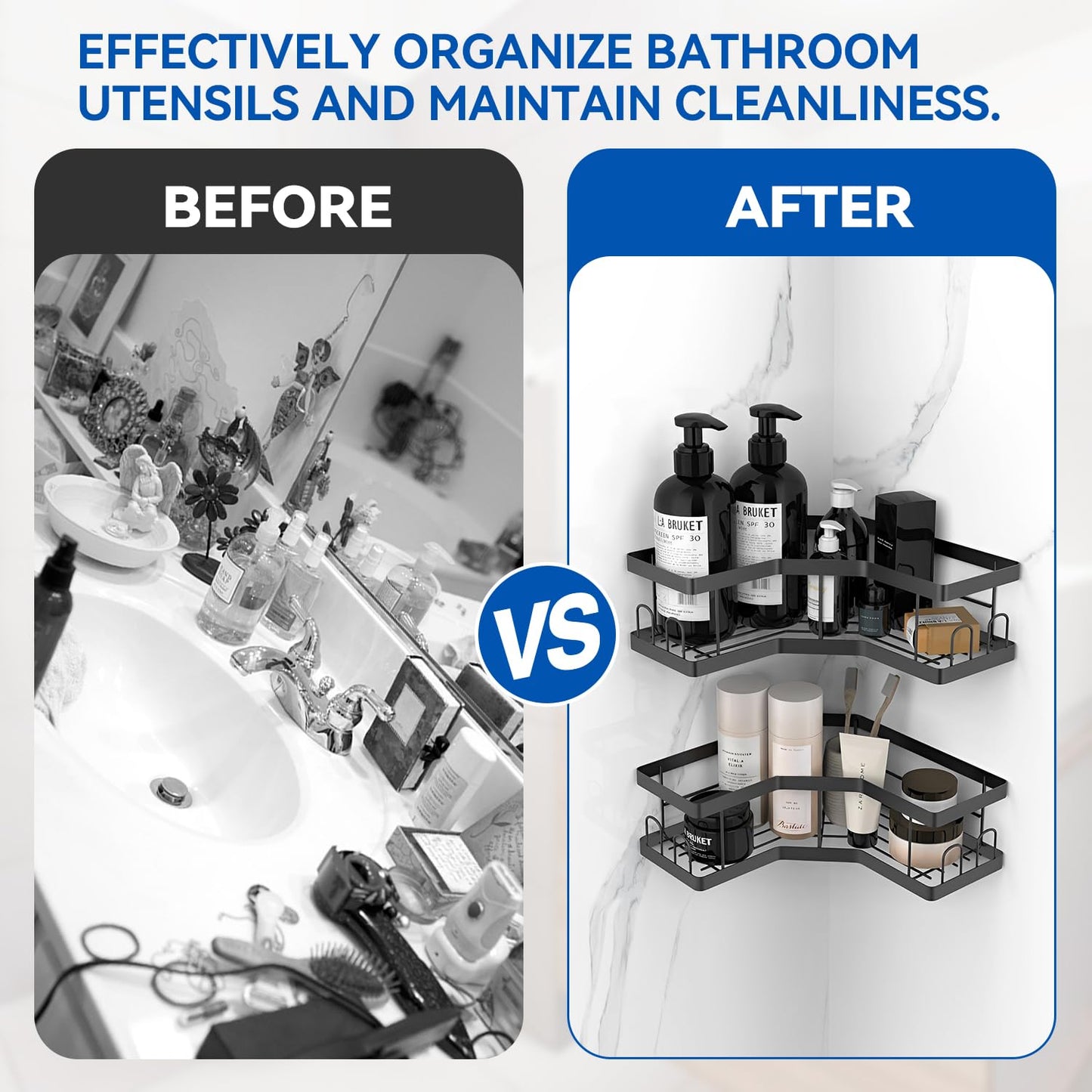 Shower Caddy, 2 Pack Black Bathroom Shelves, Adhesive Shelf Storage No Drilling, Carbon Steel Shower Organiser, Rust-Resistant Caddy Corner, Soap Holder, Bathroom Accessory