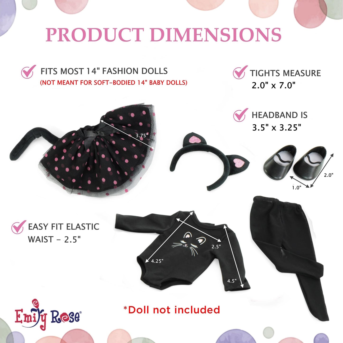 Emily Rose 14 Inch Fashion Doll Clothes | New Improved | 5-PC Black Cat Halloween Costume Clothing Outfit Gift Set, Includes Cat Ears, Tights and Shoes | USA Business