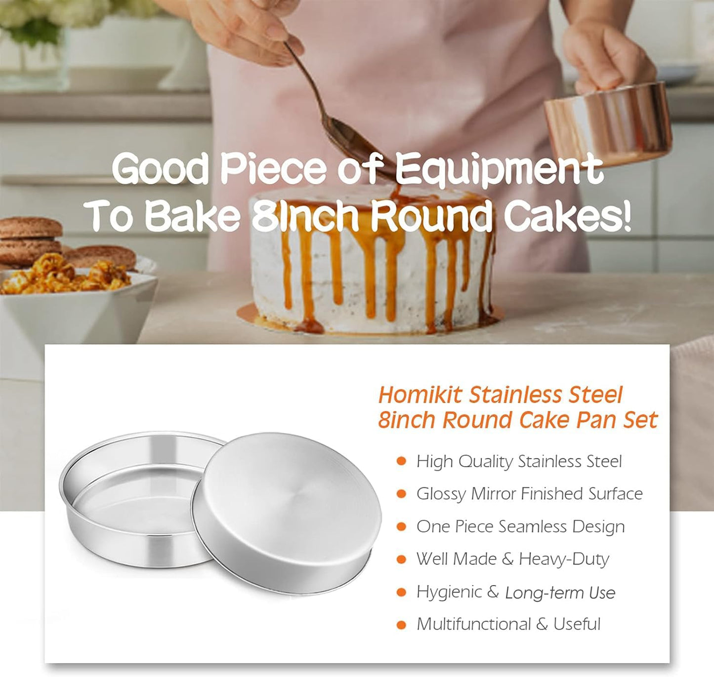 Homikit 8 Inch Round Cake Tin Set of 3, Stainless Steel Cake Mold Layer Cake Tins for Baking, Christmas Birthday Wedding Cake Pan Bakeware Set, Healthy & Mirror Finished & Dishwasher Safe