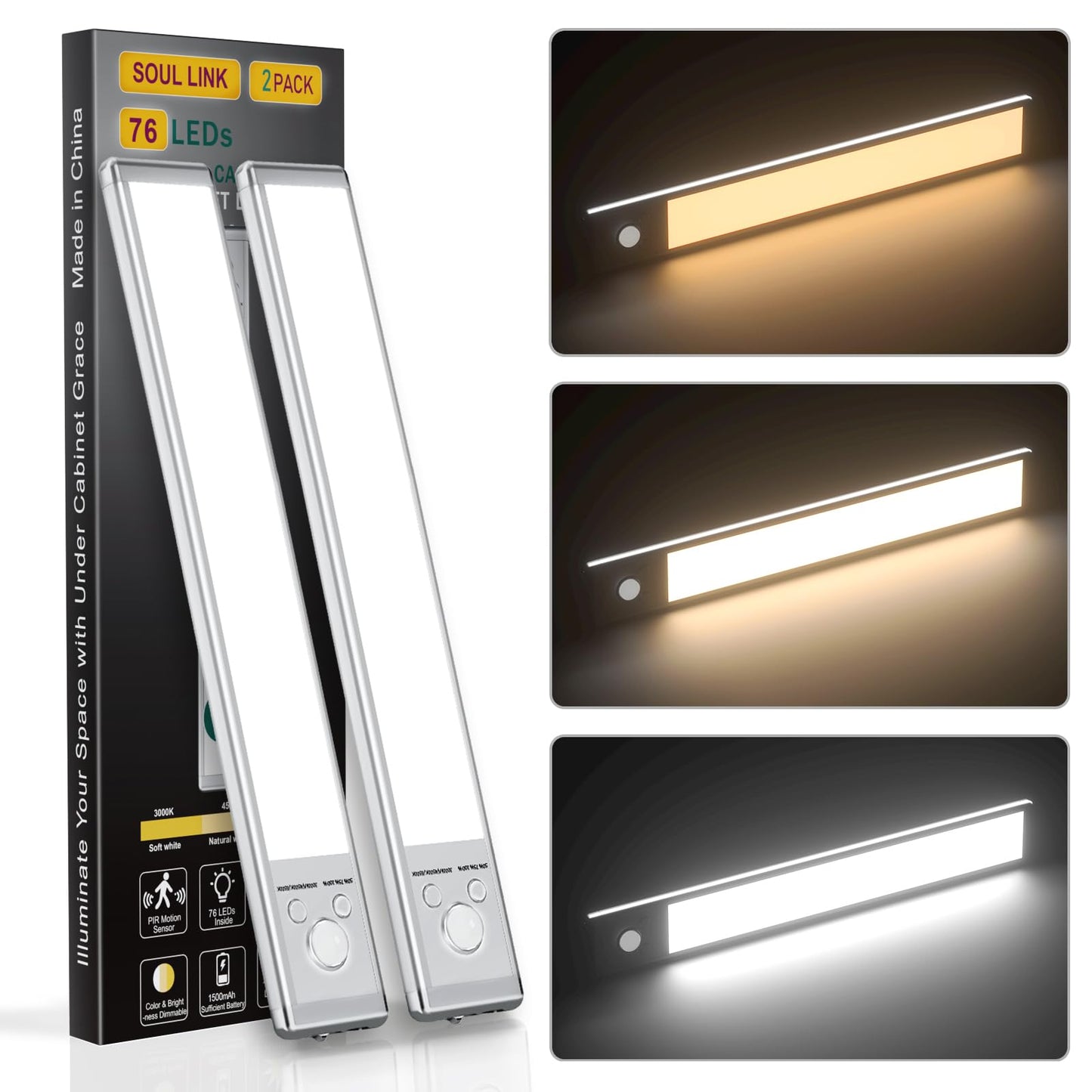 Under Cabinet Lights,76 LED Operated Motion Sensor Light Indoor,1500mAh USB Rechargeable Closet Lights, 2 Pack Magnetic Dimmable Closet Lights，Wireless Under Counter Lights for Kitchen, Stairs