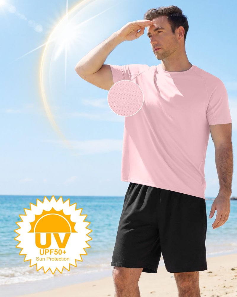 Runhit Mens Swim Shirt Short Sleeve UPF 50+ Sun Protection T-Shirt UV SPF Athletic Rash Guard for Fishing Beach Outdoor Sports Quick Dry Pink L