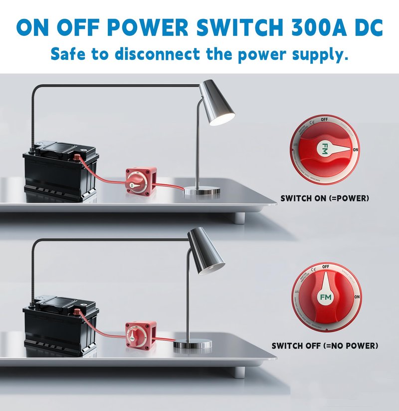 FASTSTORM 300A Waterproof Battery Disconnect Switch 12V-48V, On/Off Kill Switch for Marine, RV, Car, Boat, Truck, ATV, UTV, Ignition Protected with Cable