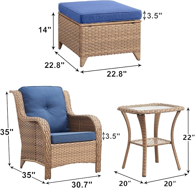 Rilyson Patio Furniture Swivel Chairs Set - 5 Piece Rattan Wicker Outdoor Sectional Conversation Sets with 2 Swivel Rocking Chairs,2 Ottomans and 1 Side Table for Porch Deck Garden(Yellow/Blue)