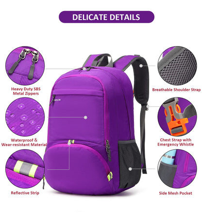 MRPLUM 30L Rucksack Foldable Ultralight Packable Backpack, Unisex Durable Handy Daypack for Travel & Outdoor Sports Durable & Waterproof (Purple)