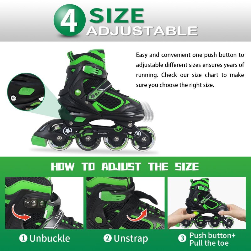 MammyGol Adjustable Inline Skates for Boys Girls Kids Youth with Light up Wheels, Green Beginner Blades Roller Skates for Boys Size 5 6 7 8 Ages 6-12