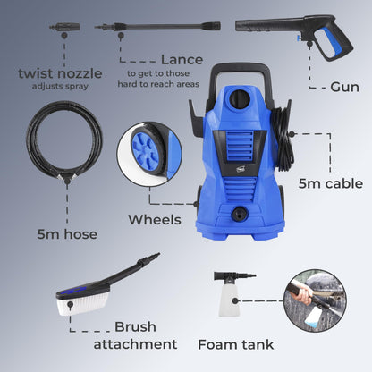 Neo® Electric High Pressure Washer 110 Bar High Power Jet Water Patio Car Cleaner with Foam Tank and Brush Included