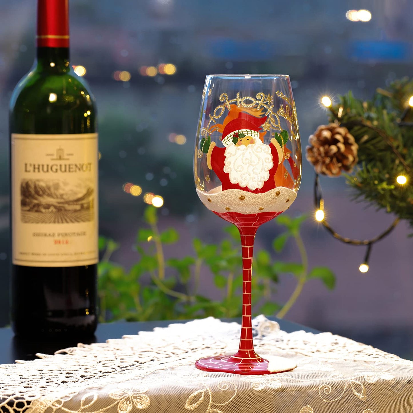 NymphFable Hand Painted Wine Glass 15oz Santa Claus Christmas Elk Deer Snowflake Xmas Christmas Gift for Family Friend（1 piece）