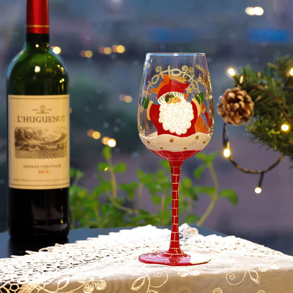 NymphFable Hand Painted Wine Glass 15oz Santa Claus Christmas Elk Deer Snowflake Xmas Christmas Gift for Family Friend（1 piece）