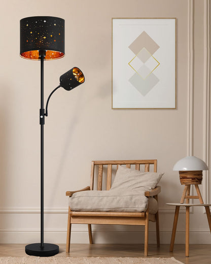 Floor Lamp Black, Reading Standing Lamps for Living Room, 62" Tall Torchiere Lamp for Kids Room, 3-Way Switch, Star-Gold Lampshade, Modern Goth Decor for Bedroom/Office, Bulbs Not Included(E26 Base)