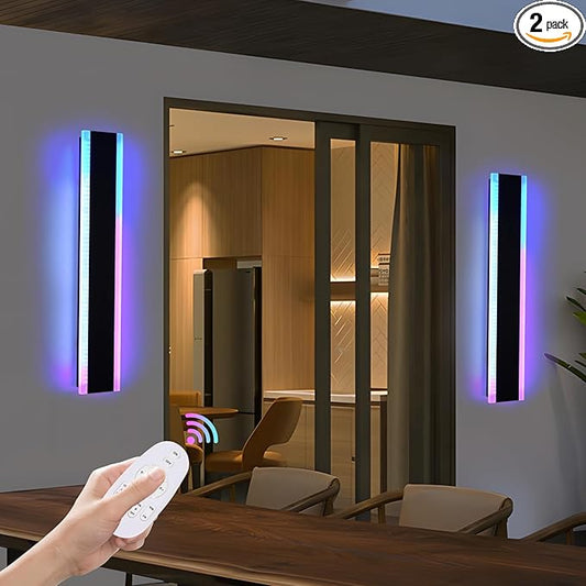 2 Pack RGB Outdoor Long Wall Lights Fixture, 32 inch Exterior Long Linear Lighting, Dimmable Outside Wall Sconce Linear Lights, Outside LED Long Lights for Patio, Porch, Garage, Front Door