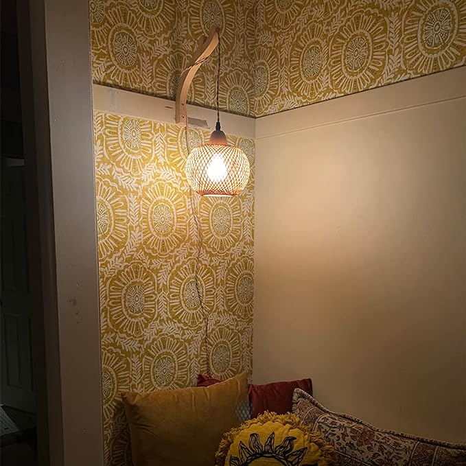 Frideko Bamboo Wall Sconces Set of Two Plug in, Boho Wall Lamp with Plug in Cord, Farmhouse Light Fixtures with 9.84FT On/Off Switch Cord, Rattan Sconces Lighting for Bedroom Living Room