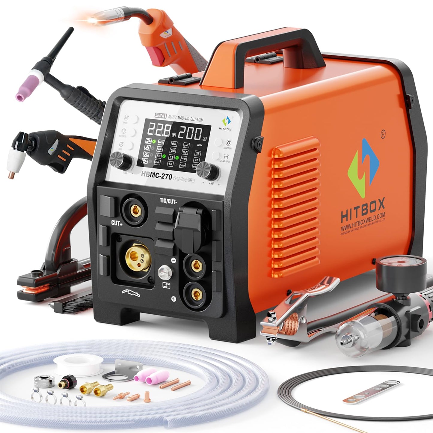 HITBOX MIG Welder 200A, 220V [6 in 1] Gasless/Gas MIG/HF TIG/Plasma Cutter 40A/Stick/Spot, 2T/4T Aluminum Multi Process Welder Machine with Synergy Large LED Display (HBMC270)
