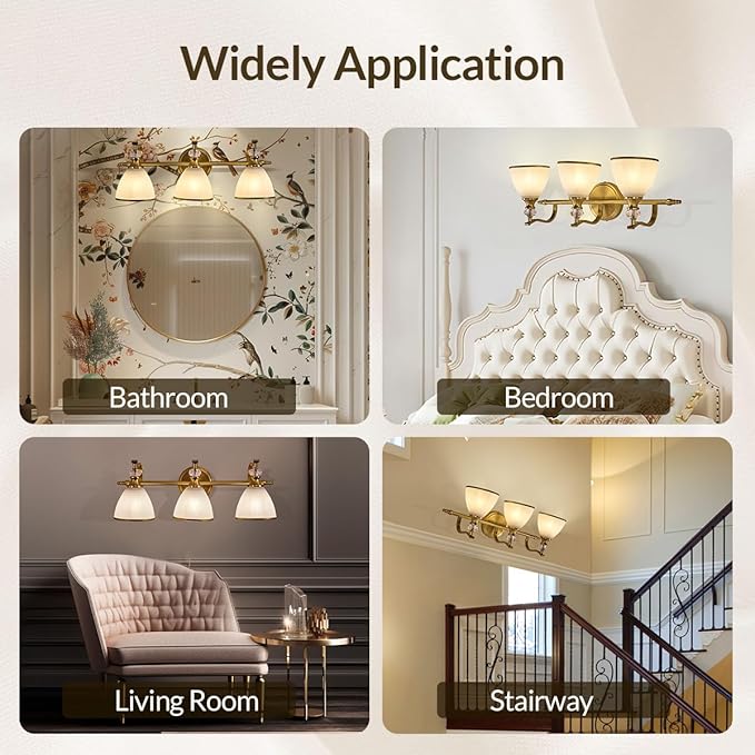 ANDY STAR Bathroom Light Fixture, 3-light Brass Vanity Light, Vintage Bathroom Lights Over Mirror with Crystal Beads, Wall Sconce Lighting with Frosted Milky Glass Shade, E26 Base (Bulbs Not Included)