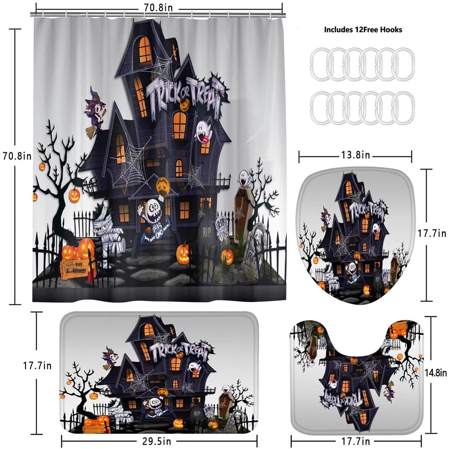 AZHM Halloween Shower Curtain Sets Haunted House Pumpkin Shower Curtains with 12 Hooks, Bathroom Decor Sets with Curtain and Rugs