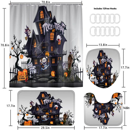 AZHM Halloween Shower Curtain Sets Haunted House Pumpkin Shower Curtains with 12 Hooks, Bathroom Decor Sets with Curtain and Rugs