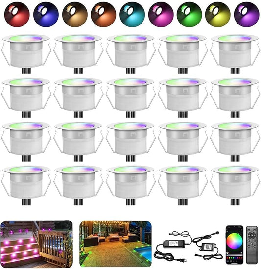 Outdoor Recessed Deck Lights, 20 Pack 1.77" Smart RGB Deck Step Lights, IP67 Waterproof Low Voltage In Ground Landscape Lighting for Patio, Path, Stairs, Pool, Soffit, Work with Alexa, Google Home