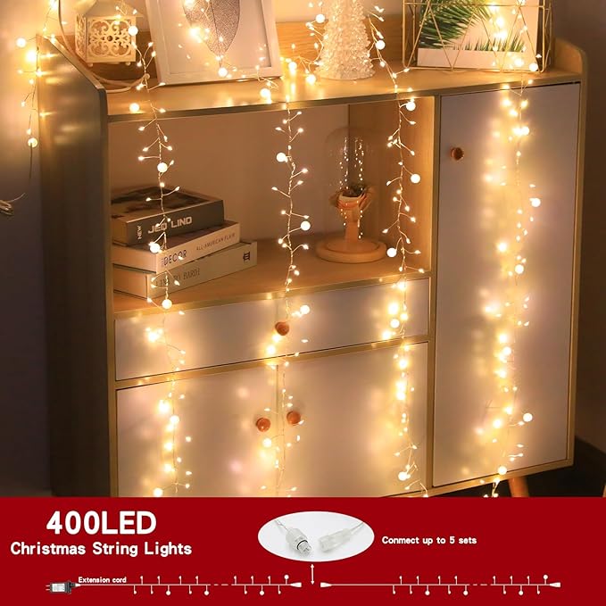 Copper Wire Firecracker Christmas Lights, 26FT 400LED Plug-in Twinkle Cluster Fairy Lights for Christmas Tree with Remote for Bedroom Dorm Wreath DIY Wedding Christmas Decoration