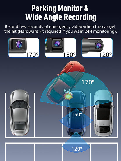 3 Channel 5G WiFi Dash Cam, 4K+1080P+1080P Dash Cam Front and Rear Inside with 64GB Card, 3.16” IPS Screen, G-Sensor, Loop Recording, Parking Monitor, 170° Wide Angle, IR Night Vision, WDR, Silver