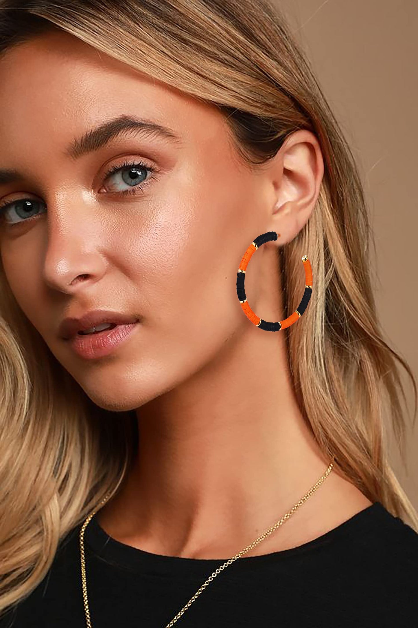 NVENF Halloween Earrings for Women, Spooky Orange Black Heishi Caly Beaded Hoop Earrings Halloween Accessories Outfit Gifts (Orange Black)
