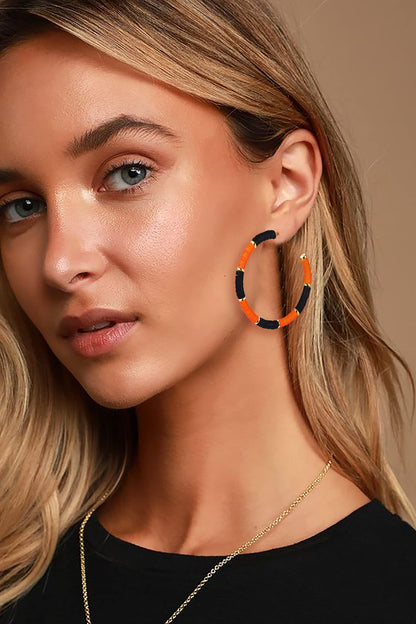 NVENF Halloween Earrings for Women, Spooky Orange Black Heishi Caly Beaded Hoop Earrings Halloween Accessories Outfit Gifts (Orange Black)