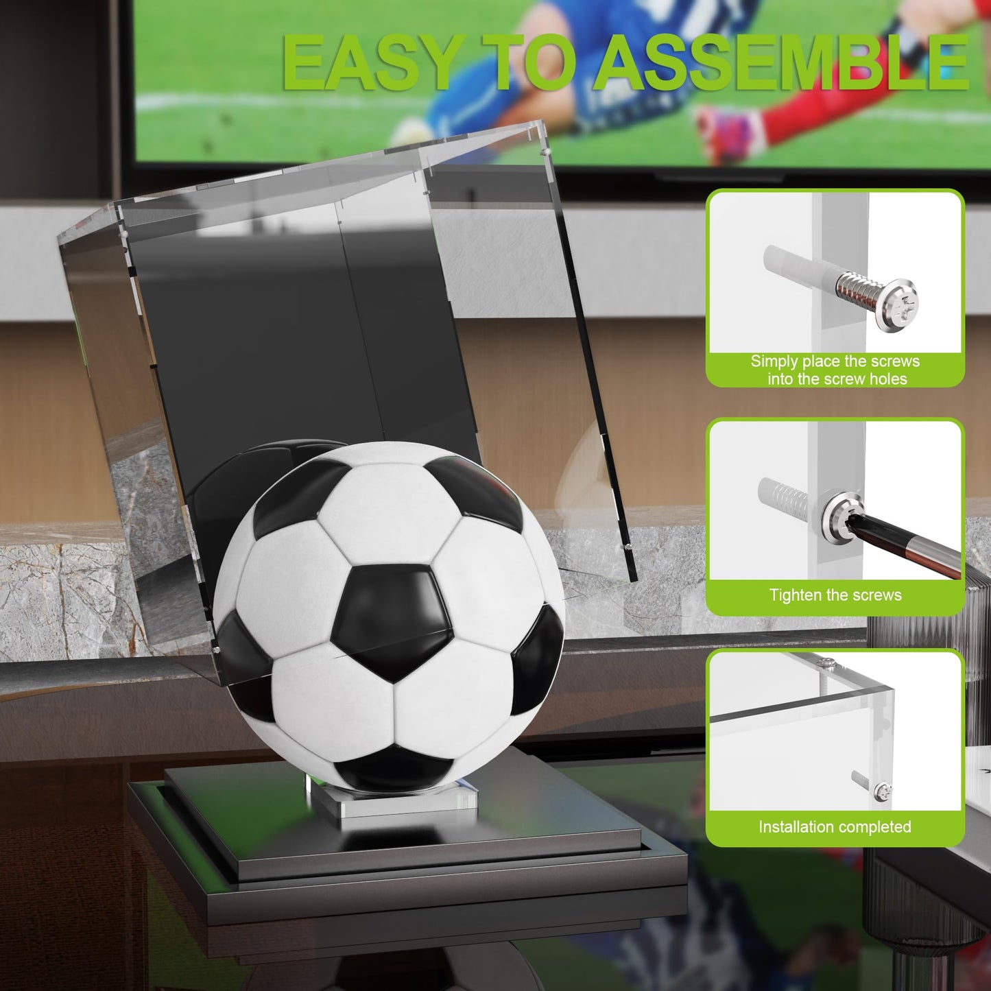 Putros Soccer Ball Display Case with Mirror and Black Metal Stackable Base Acrylic Soccer Ball Case with Transparent Removable Built-in Soccer Ball Display Stand for Autographed Volleyball