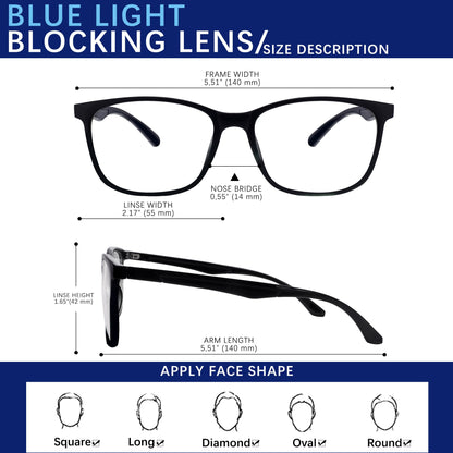 BOSSWIN Blue Light Blocking Glasses Square Fashion Computer/Gaming/TV/Phone- 99% Blue Light Filtering for Men and Women
