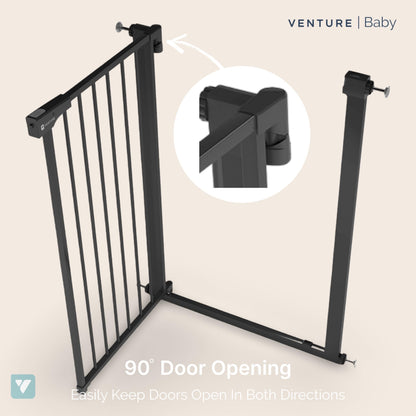 Venture Q-Fix 110cm, 73-80cm wide pressure fit baby gate extra tall safety gate for stairs. Easy Assembly Toddler and pet safety gate. 90° two way open, auto close. (BLACK, QFIX GATE 73-80)