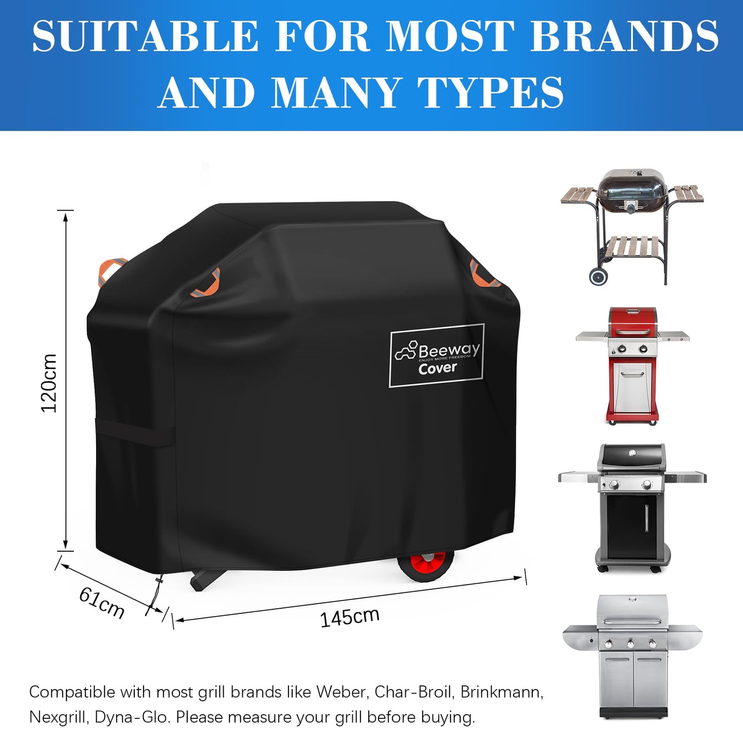 BEEWAY Barbecue Cover, BBQ Grill Cover fits Weber, Brinkmann, Char Broil - Heavy Duty Large BBQ Covers, UV & Waterproof, Rip-proof with Reflective Straps and Storage Bag (145 x 61 x 120cm)