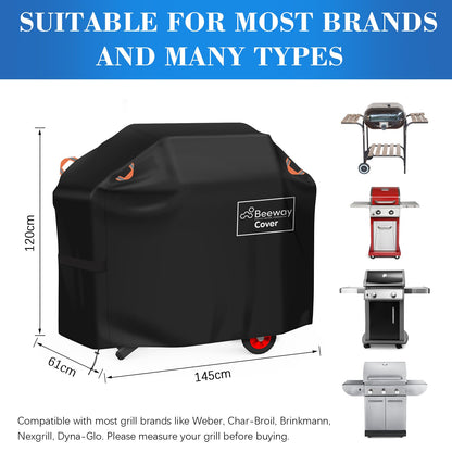 BEEWAY Barbecue Cover, BBQ Grill Cover fits Weber, Brinkmann, Char Broil - Heavy Duty Large BBQ Covers, UV & Waterproof, Rip-proof with Reflective Straps and Storage Bag (145 x 61 x 120cm)