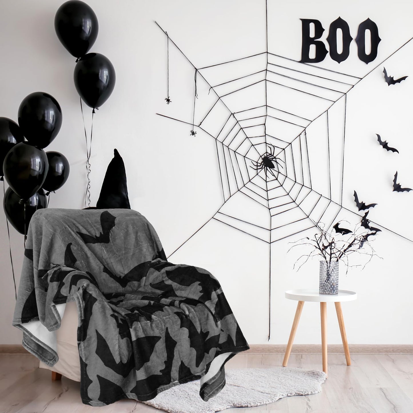 JarThenaAMCS Halloween Fuzzy Blanket Bat Throw Blanket Gray Black Soft Cozy Flannel Blanket for Home Bed Sofa Couch Chair, 50 x 60 Inch