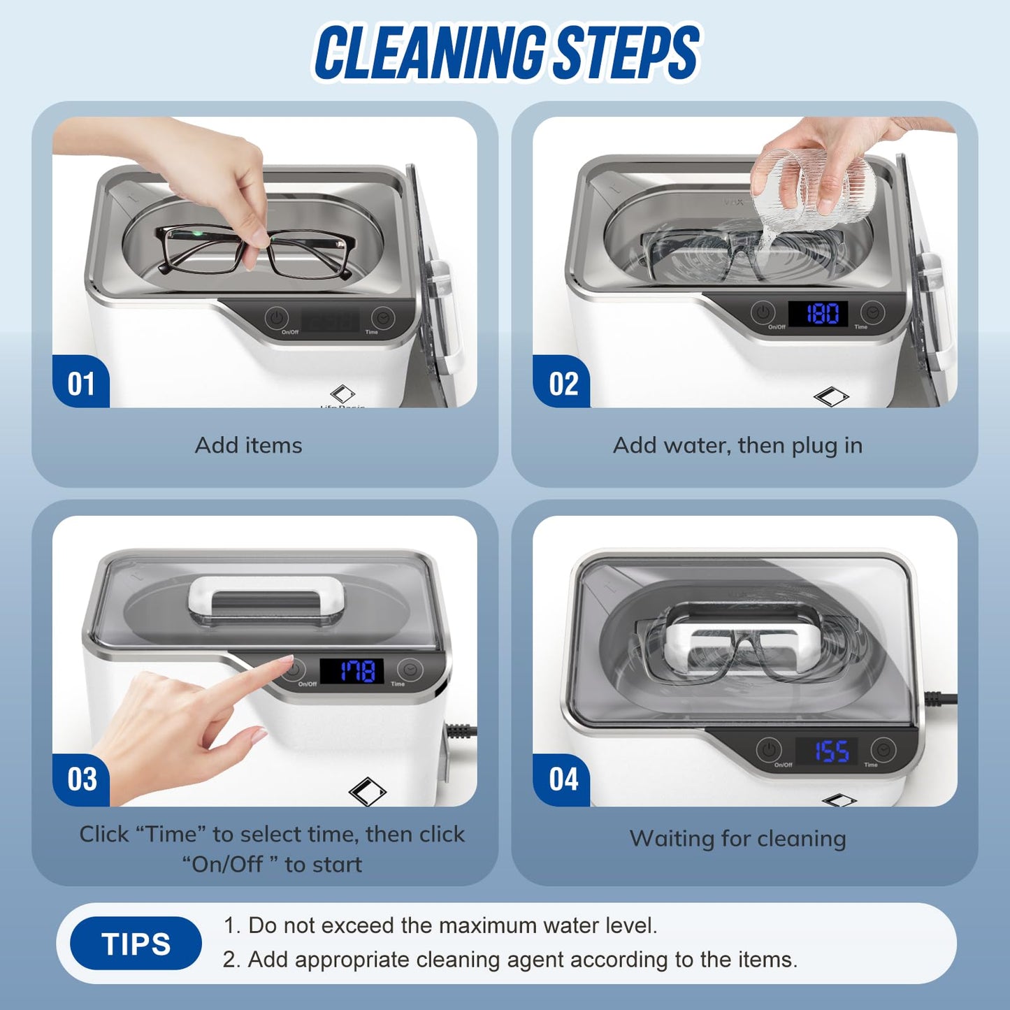 LifeBasis CDS-100 Ultrasonic Cleaner Jewellery Cleaner 600ML 42KHz,Silver Cleaner with Cleaning Basket Watch Stand for Jewelry Necklace Ring Glass Watch Denture Guin-ness Surger Cans（White）