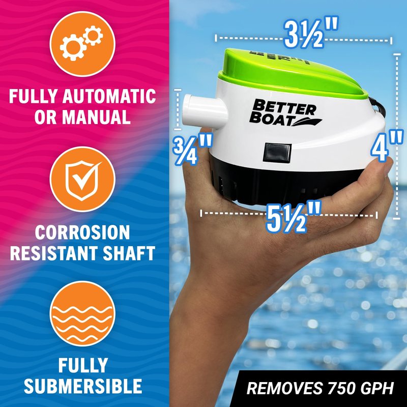 Automatic Bilge Pump 750 GPH 12V with Built-In Float Switch, 3/4 Inch Outlet, 5-Year Warranty, Submersible for Bass Boats, Jon Boats - Better Boat