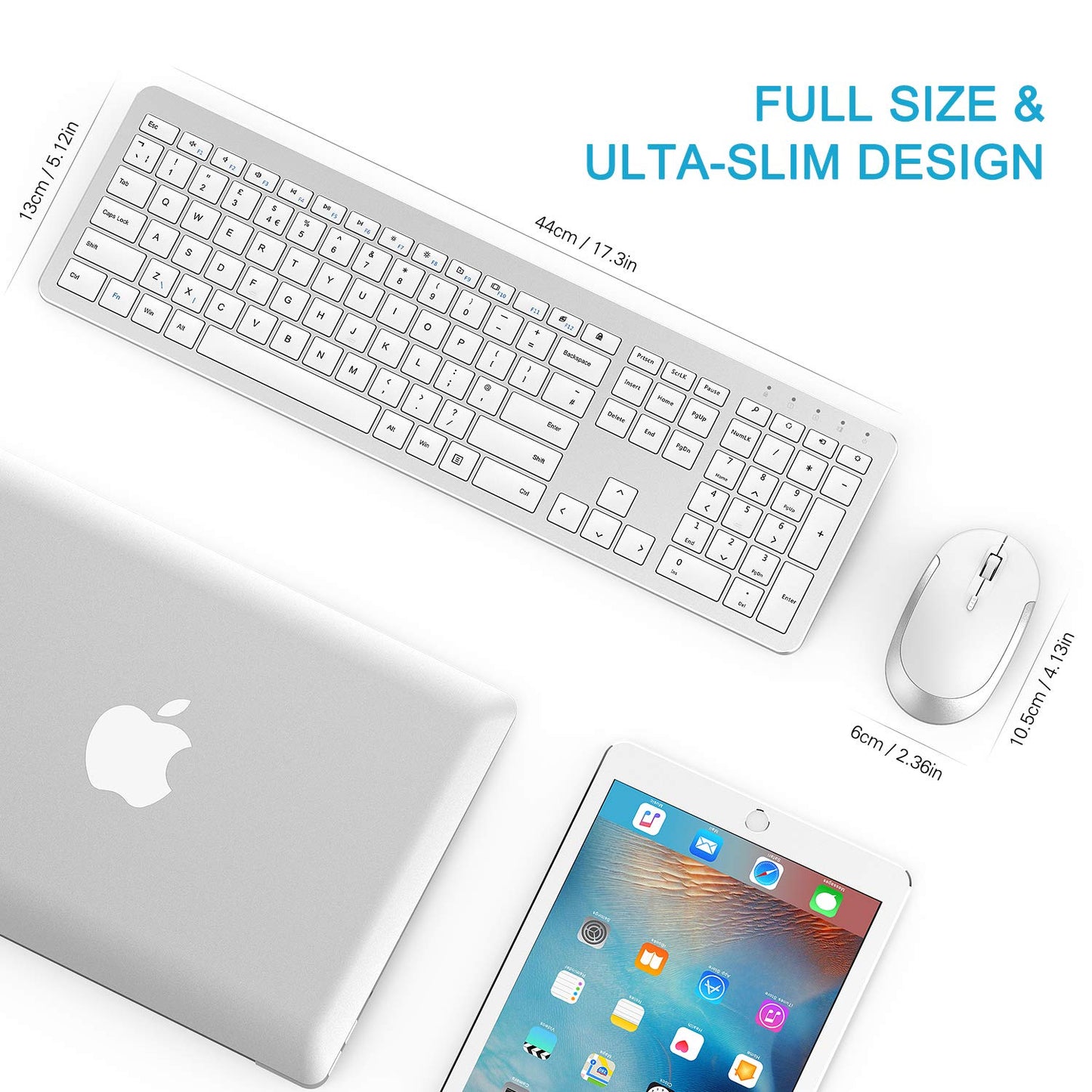 seenda Wireless Keyboard and Mouse Set, SK38 Ultra Slim Quiet USB Wireless Keyboard and Mouse Full Size QWERTY UK Layout with Numeric Keypad for Windows PC, Laptop, Computer, White and Silver
