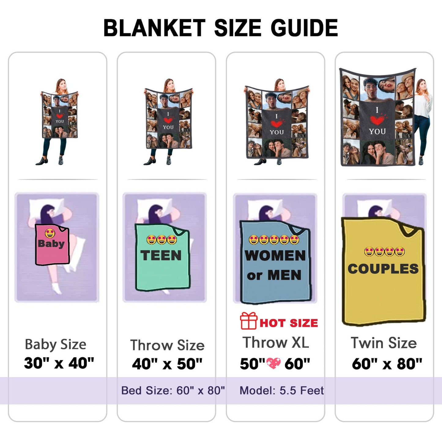 DayOfShe Custom Blanket Valentines Day Gifts for Him Her,Personalized Blankets with Photo I Love You Girlfriend Boyfriend Gifts,Valentines Blankets Couples Gifts Women Men Gifts