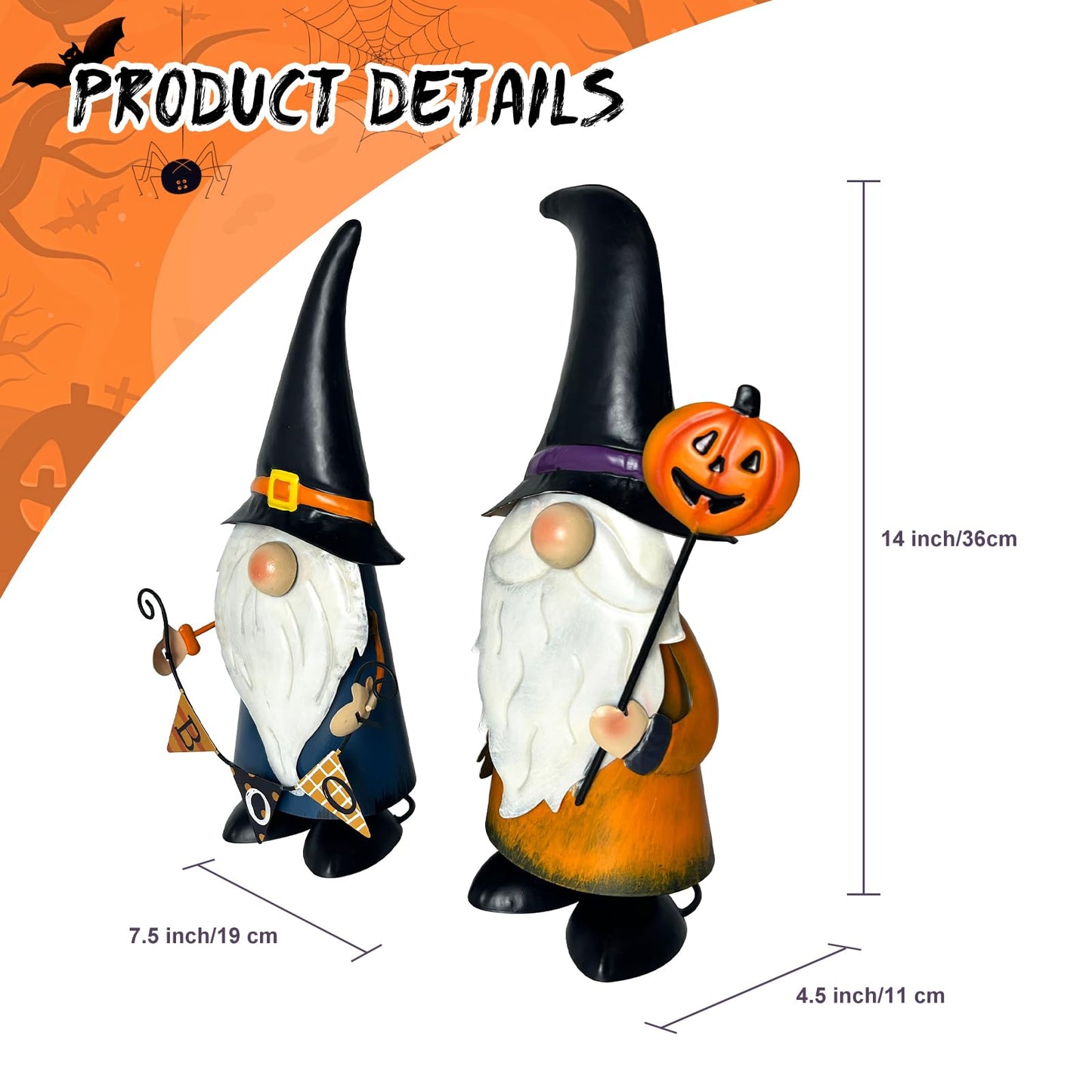 HONGLAND Halloween Gnomes Yard Art - Metal Gnome Statue Garden Decor- 3D Spring Gnome Halloween Decorations - Ghost Pumpkin Decor- Thanksgiving for Mom, Lawn Patio Yard Garden Decor