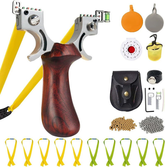 RCZZSUWE Slingshot, Hunting Sling Shot Set for Adults, Professional Stainless Steel Tactical Slingshots, High Velocity Catapult with Ammo Balls, Rubber Bands, Ammo Pouch, Target（Brown）