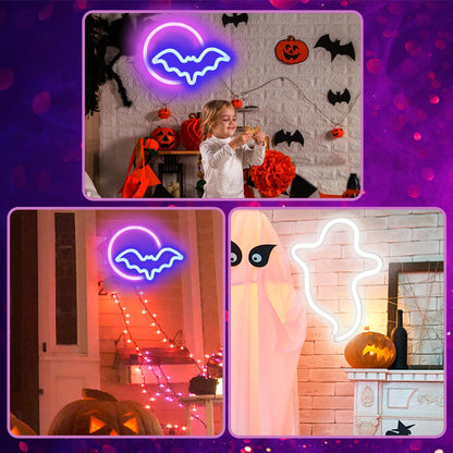 BRIGHTDECK 2 Pack Halloween Neon Signs, White Ghost, Blue Bat Full Moon Neon Lights Decorations, USB/Battery Powered Led Neon Sign for Halloween Wall Decor, Bedroom, Kids Gift, Bar, Party(Full Moon)