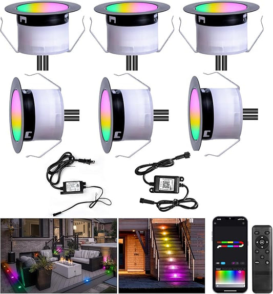 FVTLED Recessed LED Deck Lights Kit, Φ1.77 Low Voltage WiFi Pixel RGBW+IC Deck Lighting Work with Alexa/Google Home, IP67 Waterproof Outdoor Step Lights DC12V for Garden,Steps,Stair(6 Pack, Black)