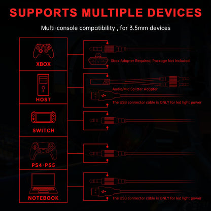 Gaming Headset for Xbox Series X/S, Xbox One, PS5, PS4, PC with 7.1 Surround Sound, Wired Gaming Headphone with Noise Cancelling Mic, Dynamic RGB Light for Xbox Controller, Switch (BlackRed)