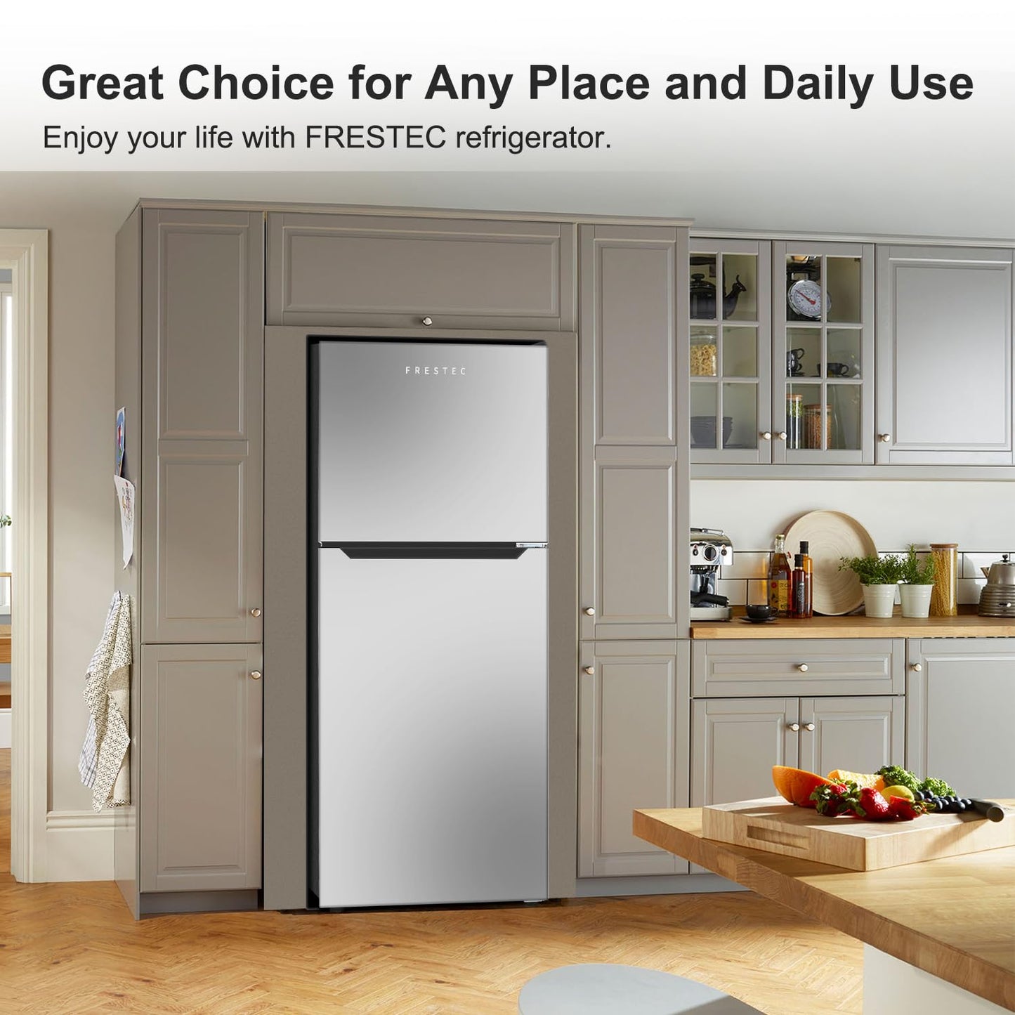 Frestec 12.1 CU' Refrigerator with Freezer, Apartment Size Refrigerator Top Freezer, 2 Door Fridge with Adjustable Thermostat Control, Freestanding, Door Swing, Stainless Steel (FR 1202 SL)