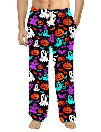 Soophiea Mens Halloween Pajama Pants Pumpkin Ghost Bat Printed Pj Pants Lounge Bottoms XX-Large