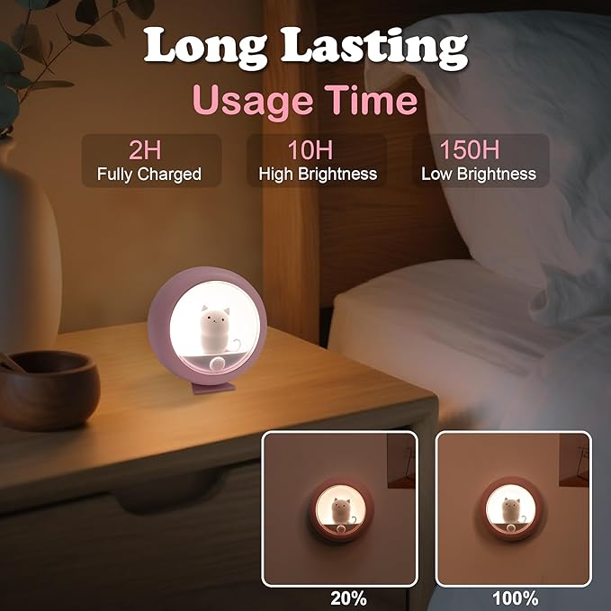 Attivolife Cat Rechargeable Motion Sensor Night Light, Magnetic Nightlights with Adjustable Brightness, Warm White LED Stick Anywhere Cat Lamp for Wall Bedroom Closet Stairs Cabinet (Pink 2 Pack)