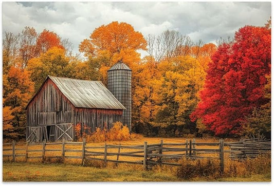 Yesad Yellow Barn Fall Canvas Wall Art, Autumn Fall Room Décor Country Landscape Prints Painting Posters Artwork Farmhouse Decor, Rustic Wall Décor for Living Room Bedroom (Unframed,36”x24”,Barn)